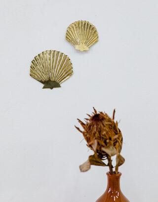 Coquillages en laiton au mur accompagnés d'un vase avec fleur séchée