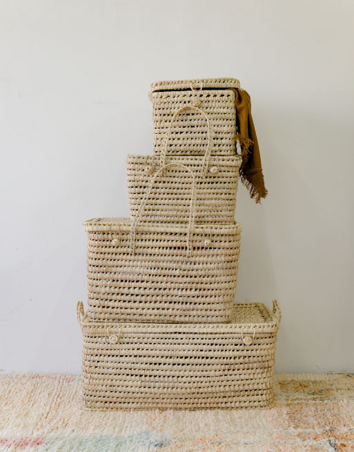 Malle de rangement en palmier tressé, coffre en osier, panier en