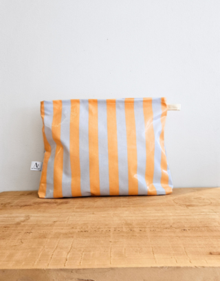 Trousse de voyage cirée • Rayée orange & bleue