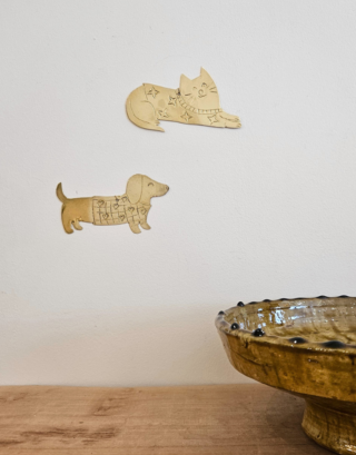 Petit chien ou chat accroché au mur près d'une coupe en Tamegroute